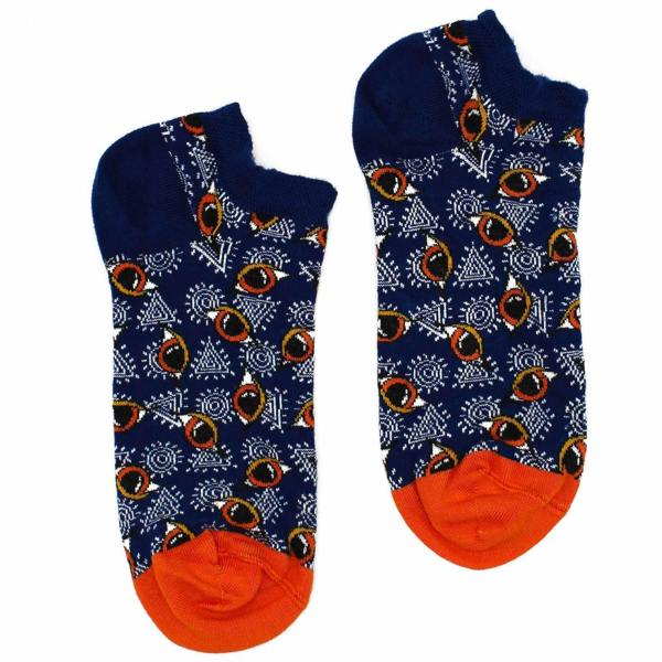 Navy low-cut crew socks with orange and yellow geometric eye pattern
