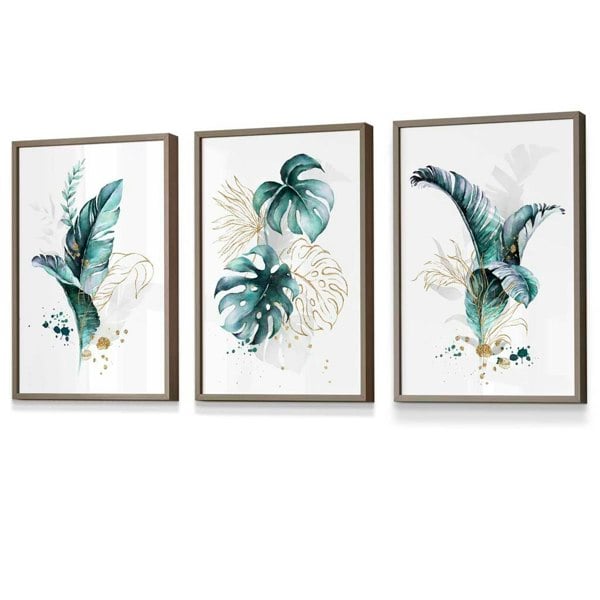 Artze Wall Art Teal Blue and Gold Botanical Set of 3 Floral Framed Prints