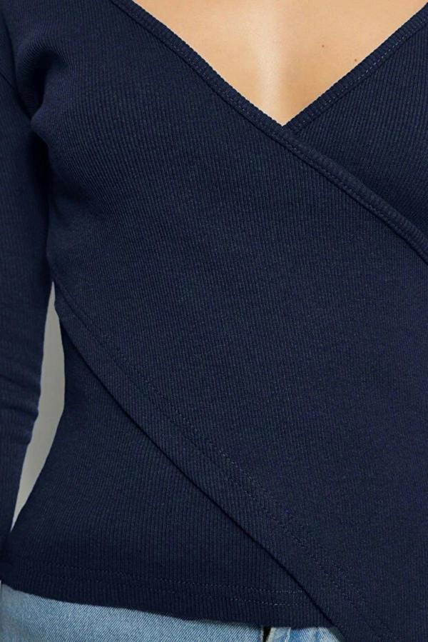 WOVCOR Double Breasted Collar Long Sleeve Ribbed Knit Blouse