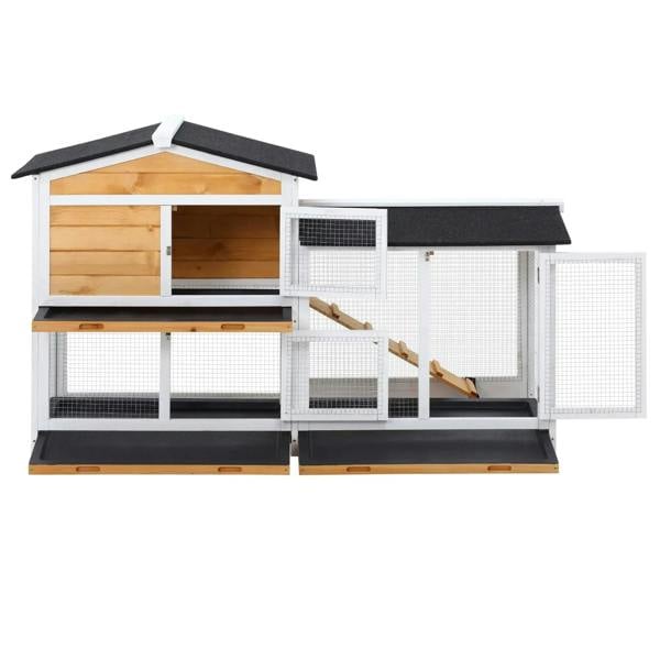 Wooden rabbit hutch with two-level layout, enclosed house section, and side fenced run compartments