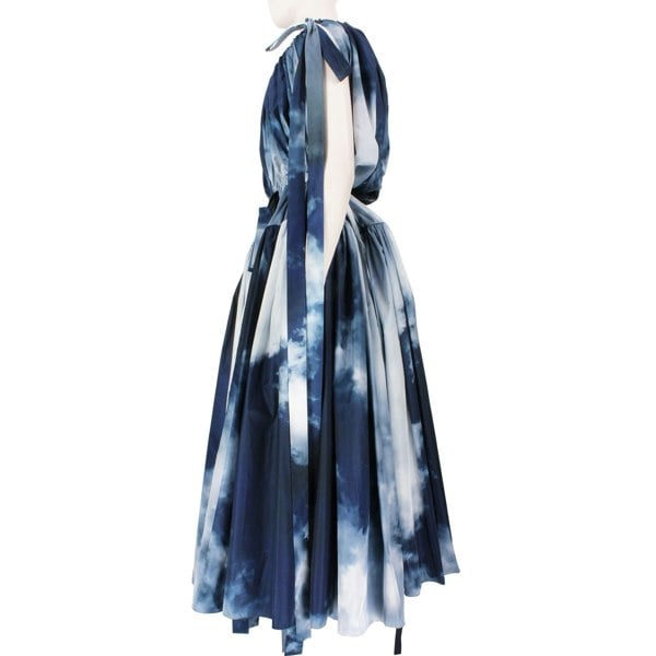Alexander McQueen blue and white sky cloud pattered off the shoulder full dress