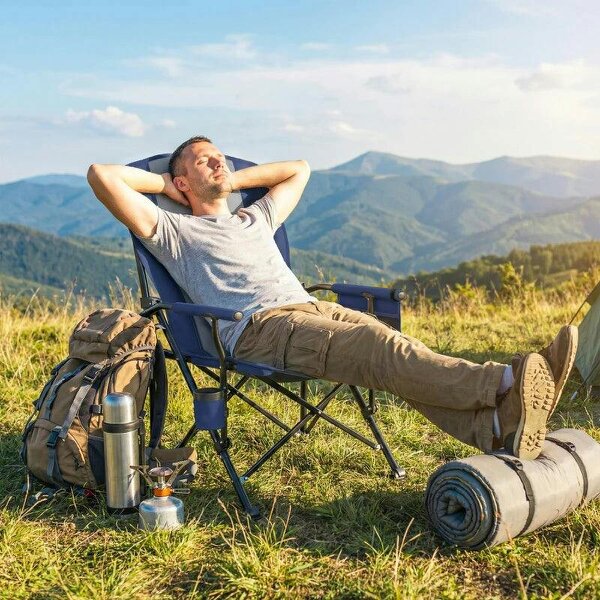 Padded Camping Chair Adults Heavy Duty Folding Chair Side Pocket Cup Holder Carry Bag Outdoor Dark Blue