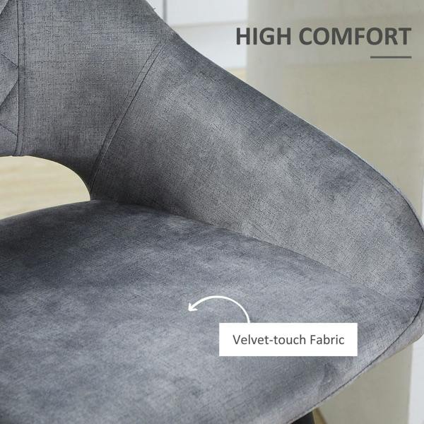Grey velvet-touch fabric counter-height bar stool with curved back and cushioned seat