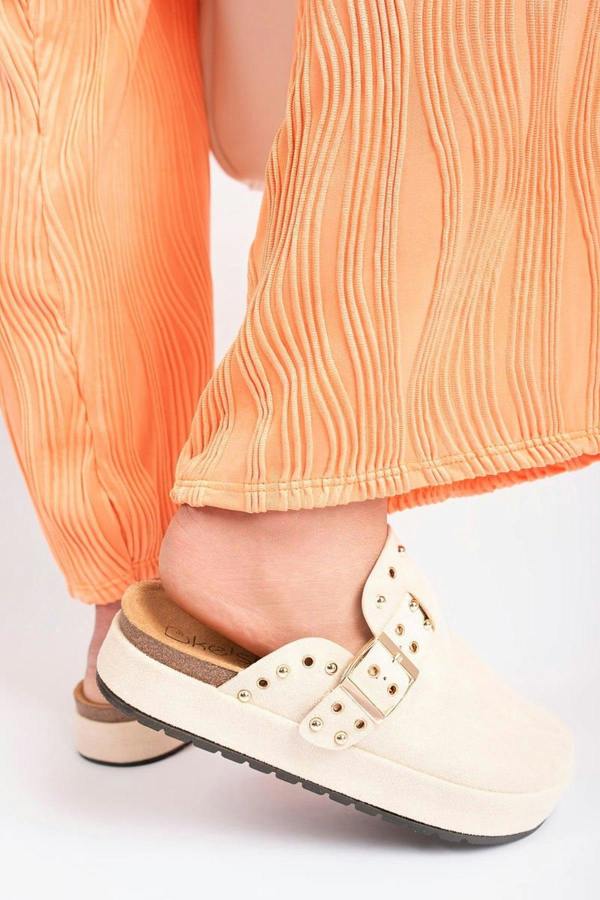 Laina Studded Buckle Slip-on Sandals - Biege