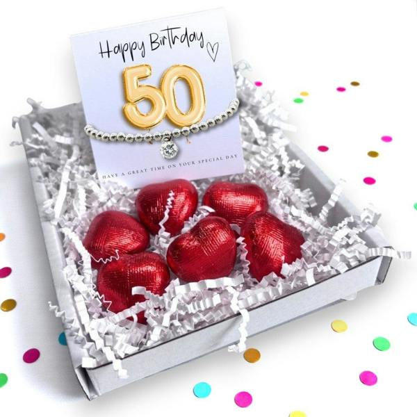 Aye Do Gifts 50th Birthday Gift Box, Cubic Zirconia Bracelet & Chocolate Hearts