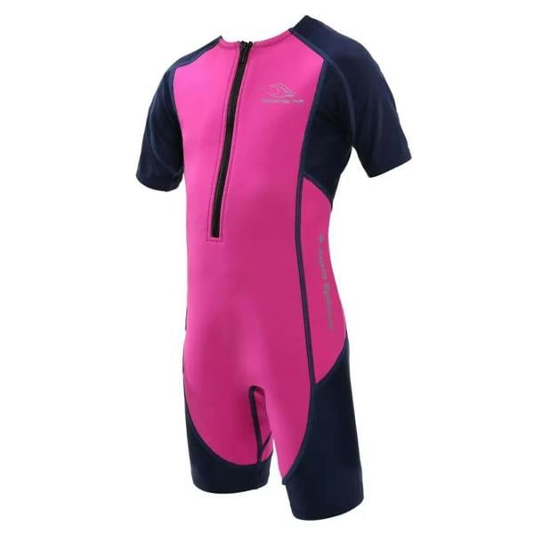 Pink MP Michael Phelps Stingray HP short sleeve kids wetsuit with navy zipper