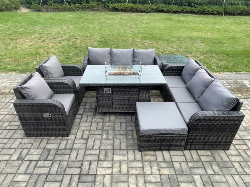 Fimous Rattan Outdoor Garden Furniture Set with Gas Fire Pit Table, 2 Sofas, 2 Reclining Chairs, 1 Side Table, 1 Footstool - 9 Seater - Dark Grey