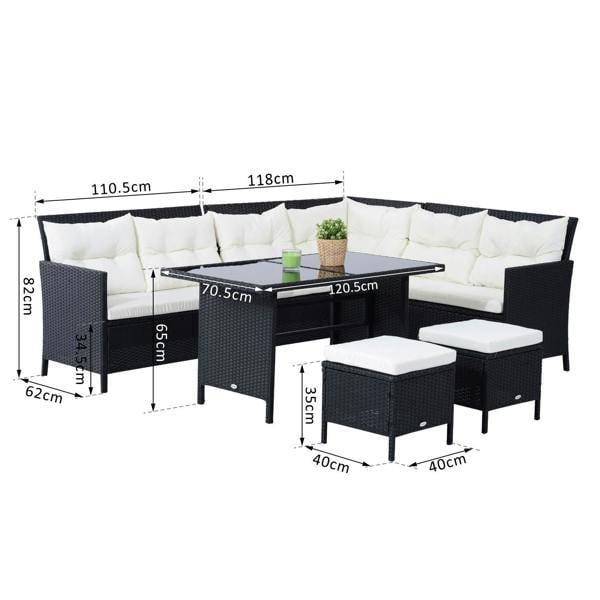 Wyld Haus Semapa Rattan Black 8 Seater Corner Dining Sofa Set With Coffee Table Footstool And White Cushions