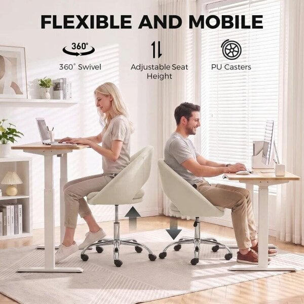Velvet Desk Chair, Modern Office Chair with Height-Adjustable, Wheels, for Home Study Bedroom, Cream