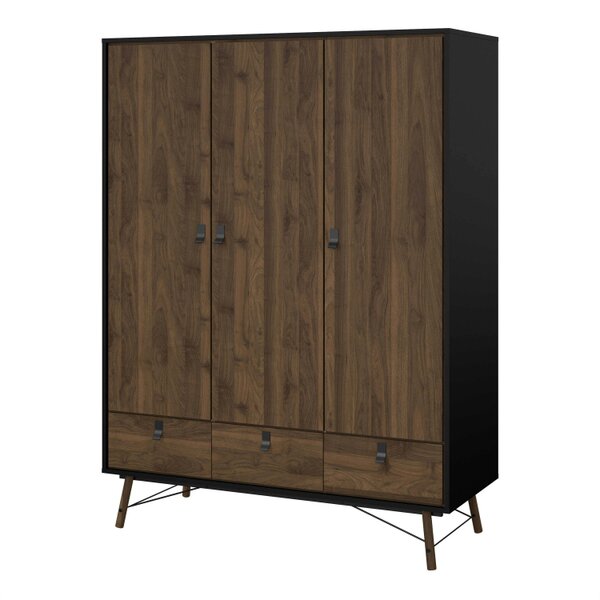 Wyld Haus Juno Black and Walnut Wood Wardrobe 3 Doors 3 Drawers