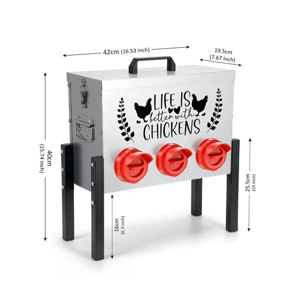Chicken feeder with 'Life is better with chickens' text shown with measurements on a white background.