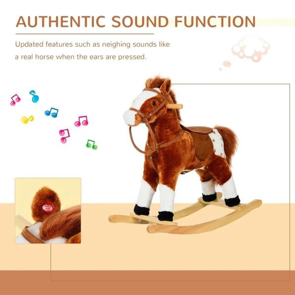 Brown plush rocking horse with sound feature, padded saddle and handle grip