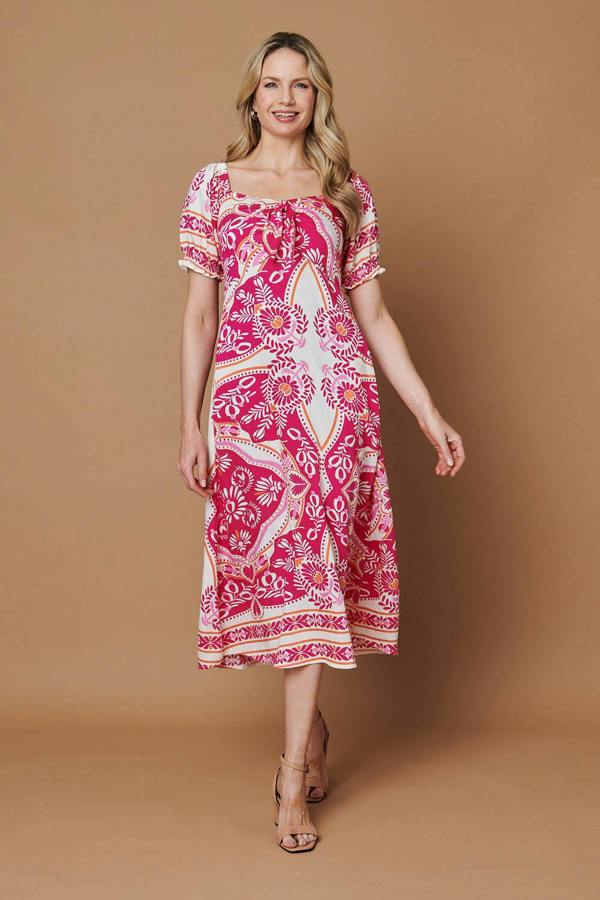 Pink | Printed A-Line Puff Sleeve Midi Dress