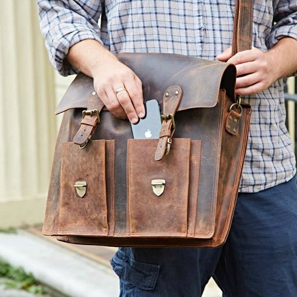 Paper High Brown Buffalo Leather Satchel Style Briefcase
