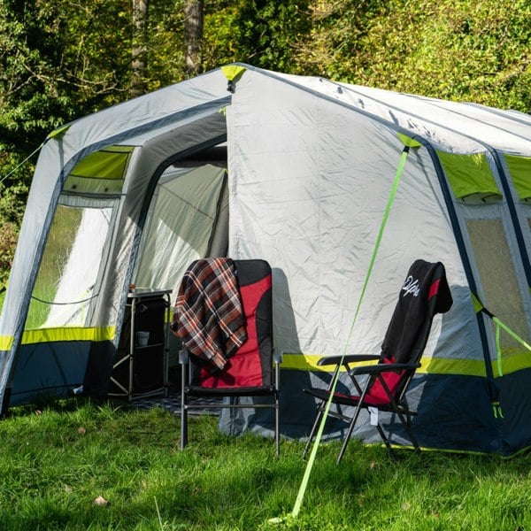 An image of two chairs outside of the OLPRO Home 5 Berth Inflatable Family Tent.