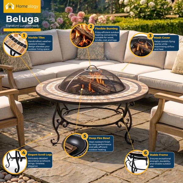 Homeology BELUGA Opulent Garden and Patio Planter, Heater Fire Pit Brazier, Coffee Table, Barbecue and Ice Bucket - Marble Finish