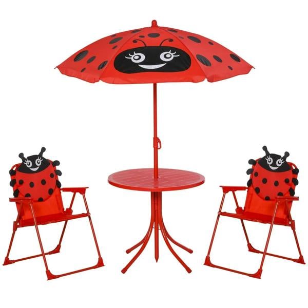 Kids picnic table set: red ladybug parasol, round table, and two folding chairs