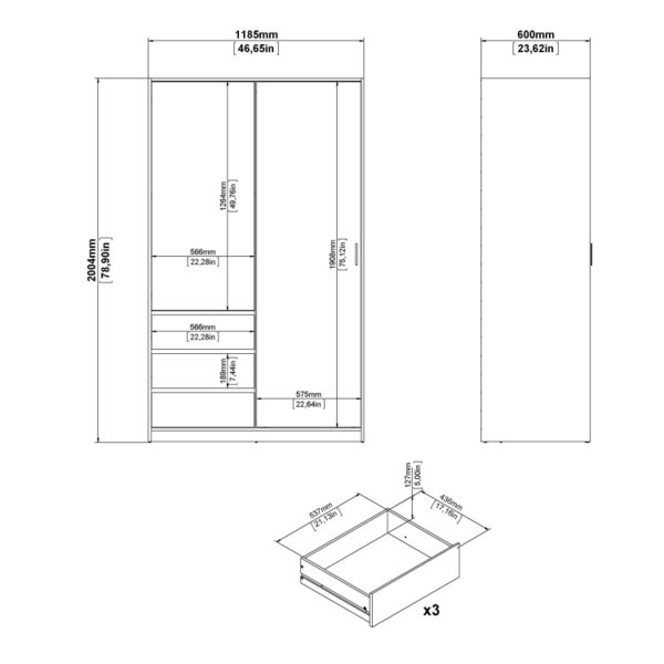 Wyld Haus Budapest White Wooden Wardrobe 2 Doors 3 Drawers