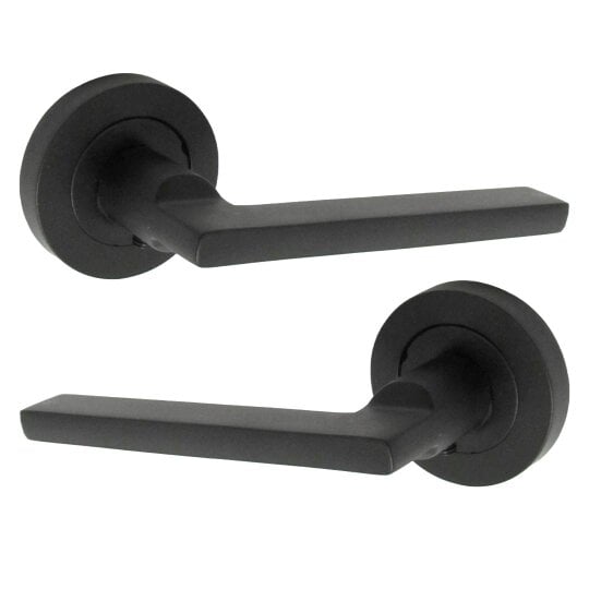 EDH Door Hardware Matt Black Modern Lever on Round Rose Door Handles – Handle Only or Handle + Tubular Latch