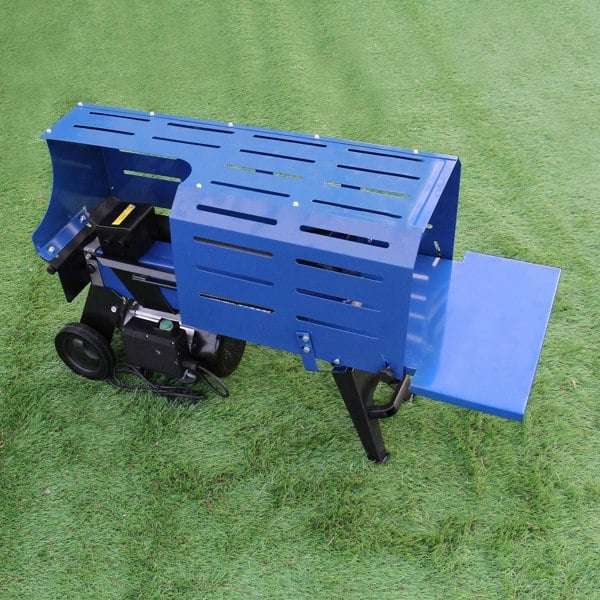 T-Mech 5T log splitter in blue metal with a slotted design, featuring a sturdy base and a wide loading platform for efficient wood splitting
