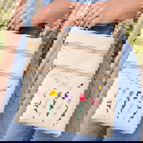 Fores Collection Tulip & Bee Embroidered Crossbody Bag with Adjustable Strap