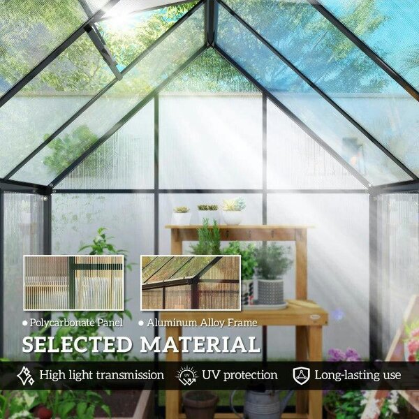 6 x 5.5ft Polycarbonate Greenhouse, Quick Setup Walk in Green House, Push Door, Adjustable Roof Vent, Rain Gutter, Black