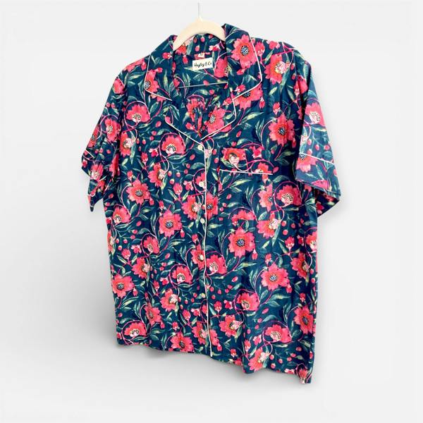 Hayley & Co Navy and Pink Block Print Floral 100% Cotton Short Pyjama Set