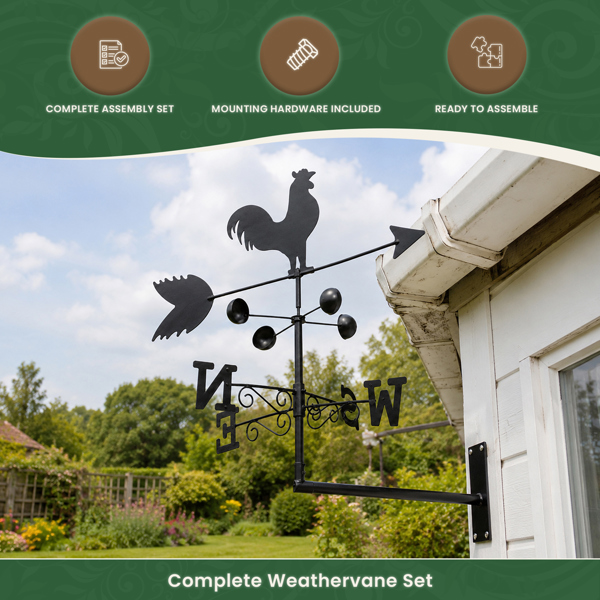 Cockerel Weathervane, All-Steel Black Painted Weather Vane With Wall Fixings and 1.7m Ground Spike, Wind Speed Cups