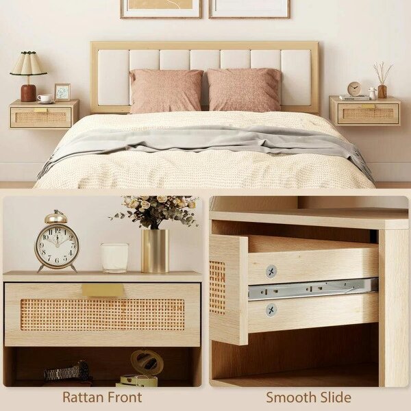 Floating Bedside Tables Set of 2, Wall Mounted Bedside Cabinets with Rattan Drawer and Wood Effect, Oak