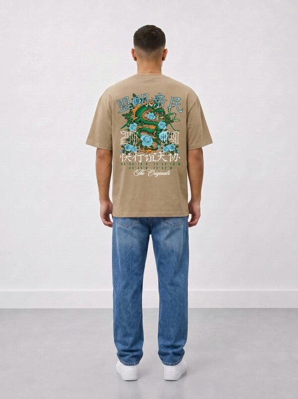 London Attitude Original Creators Dragon Graphic Heavyweight Oversized T-Shirt - Sand