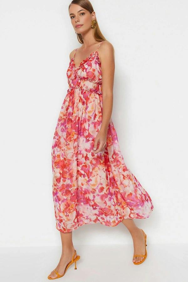 WOVCOR Floral Patterned A-Line Lined Maxi Woven Dress with Ruffle Detail