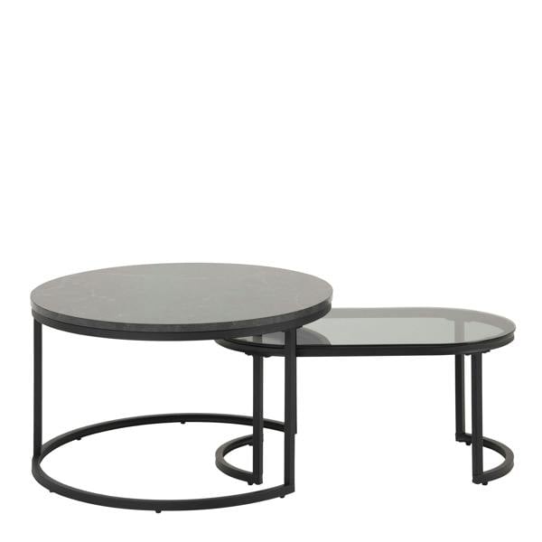 Wyld Haus Reykjavik Black Marble Effect and Glass Coffee Table Set Black Metal Legs