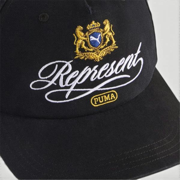 Supplied Fashion black baseball cap with detailed gold and white embroidered Puma logo crest and script text