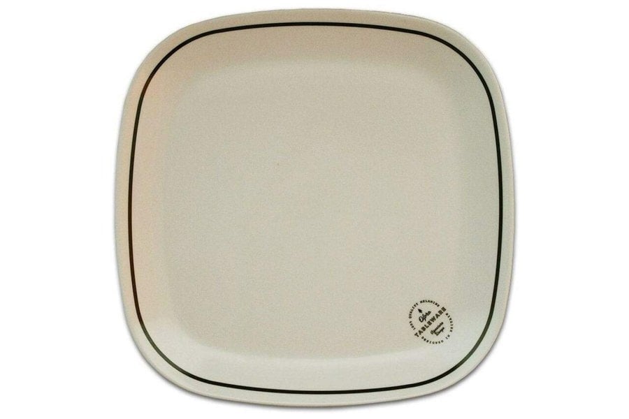 Image of the Large plate, from the Signature Melamine Set by OLPRO. Classic looking camping set in white with an elegant logo and line around the edge.