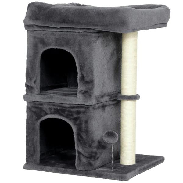 Dark grey cat tree with two enclosed condos, sisal posts, and hanging toy ball