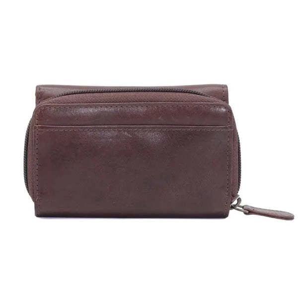 womens rfid veg tan leather trifold purse brown back view