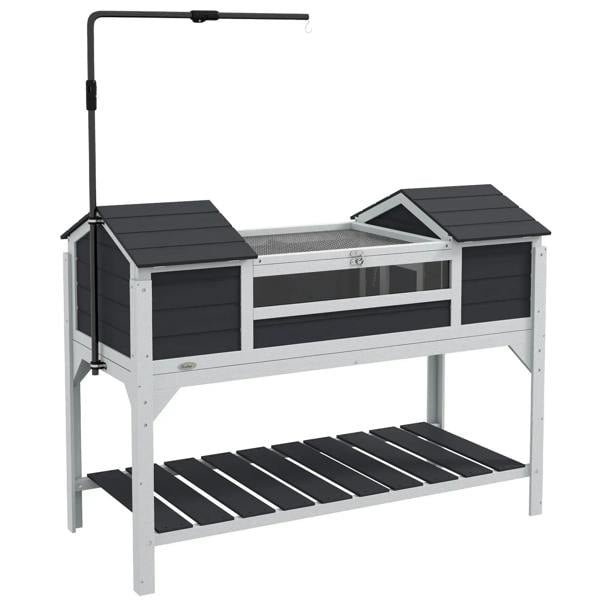 Grey wooden tortoise enclosure with adjustable lamp holder, openable lid, two hide boxes