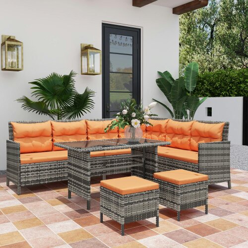 Wyld Haus Tasu Rattan Orange And Grey 7 Seater Outdoor Sofa Set With Cushions And Glass Tables