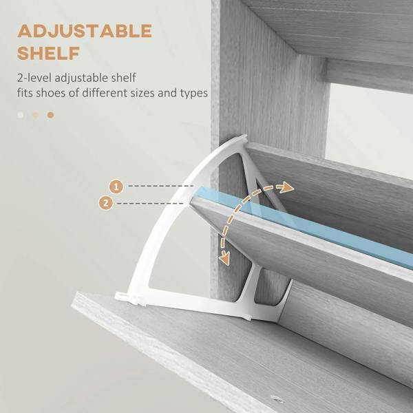 Adjustable shelf inside grey shoe flip drawer cabinet with two-level shelf support
