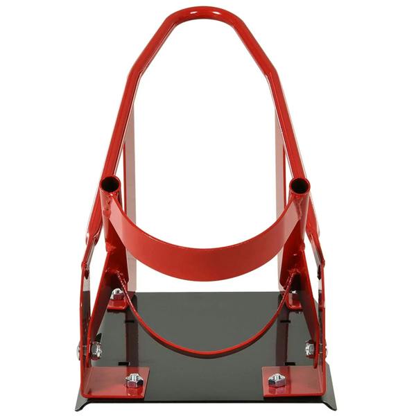 Red metal motorcycle wheel chock stand with U-shaped front retainer and black base