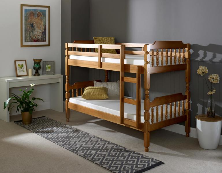 Continental Colonial Spindle Bunk Bed Solid Pine Waxed Small Single or Single