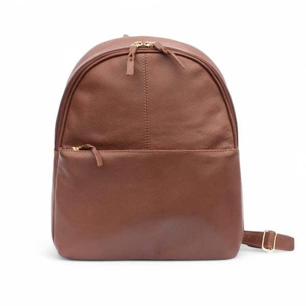 Tan leather backpack on a white background