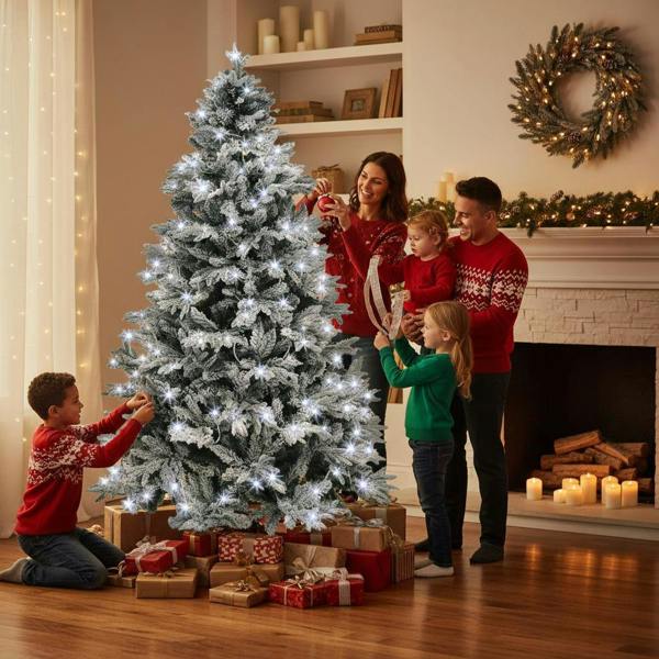 6ft and 8ft Pre-Lit Snow-Flocked Artificial Christmas Trees with Cool White LED Lights image 9