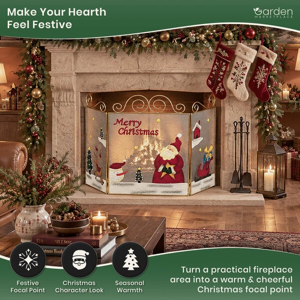 Merry Christmas Metal Fire Guard with Santa, Large 3 Panel Hinged Steel Fireplace Screen, Decorative Safety Guard or Cover, 98cm Wide x 69cm Tall
