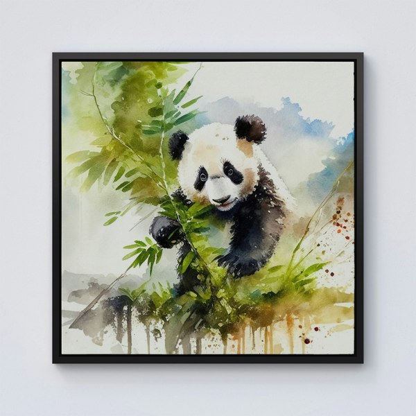 Warren Reed Panda Eating Bamboo Watercolour Framed Canvas