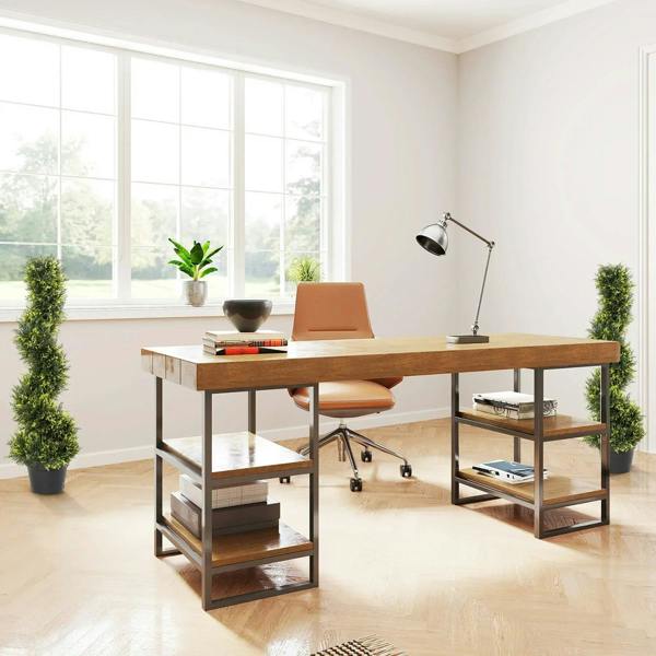 Green spiral artificial topiary trees in black pots in an office setting