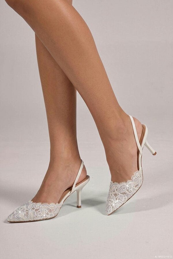 Goddiva Embellished Scalloped Edged Lace Slingback Heels - White by Goddiva