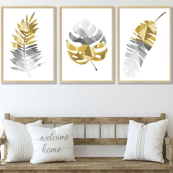 Artze Wall Art Set of 3 Geometric Yellow Grey Tropical Leaves Wall Art Framed / Prints