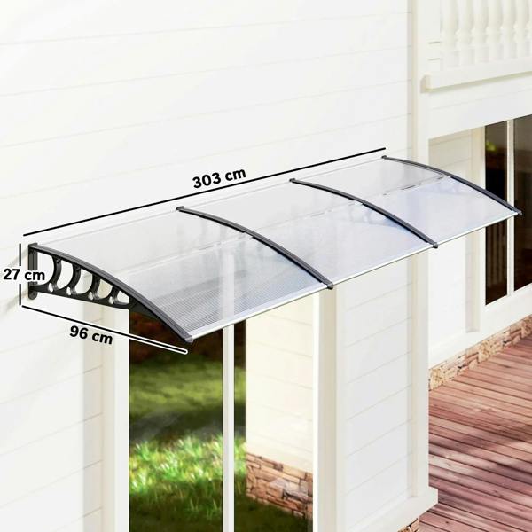 Clear porch door canopy with black curved bars and wall-mount brackets, front view