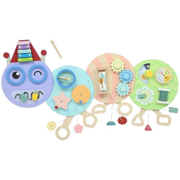 Caterpillar-themed wooden busy board with colorful gears, beads, and toy activities